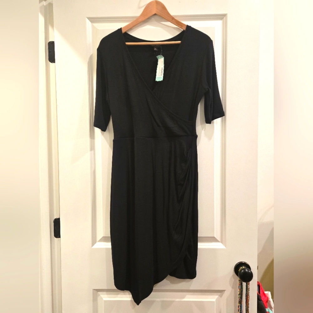 Black Sheath Dress with Asymmetrical Neckline and 3/4 Sleeves for Work